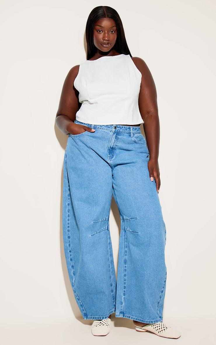 Pretty Little Thing Plus Mid Blue Wash Seam Detail Barrel Jean