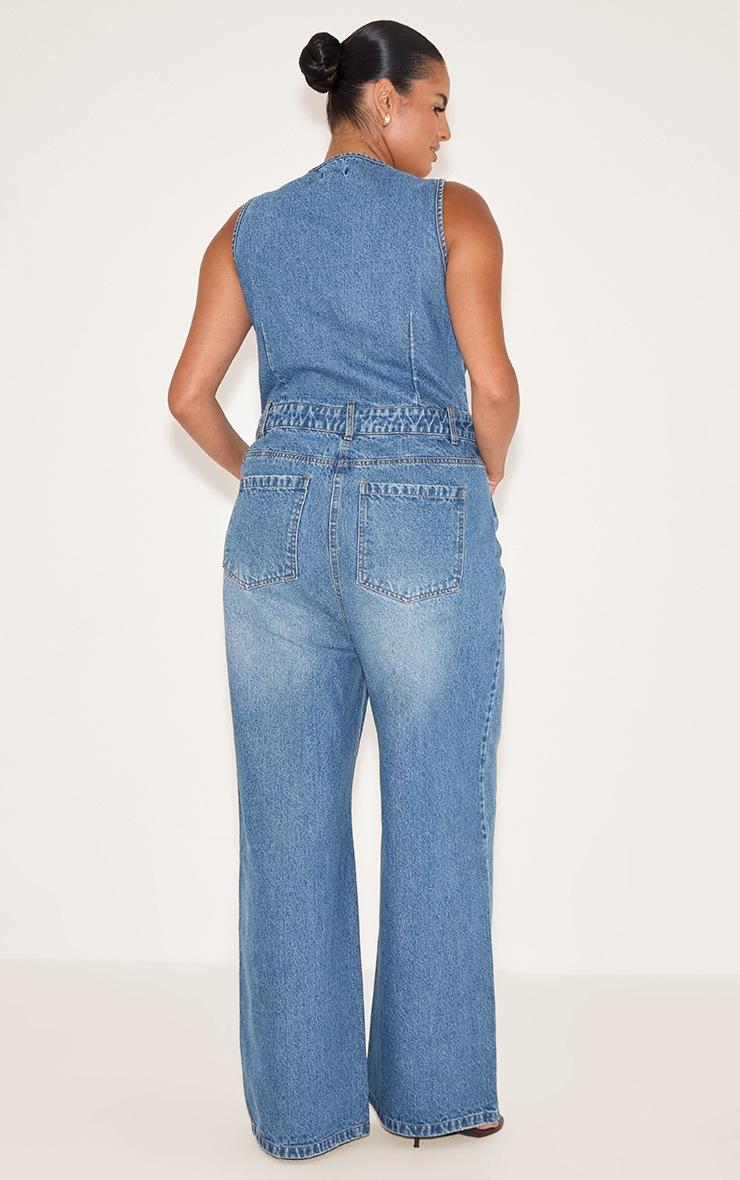 Pretty Little Thing Plus Mid Blue Wash Sleeveless Shirt Denim Jumpsuit
