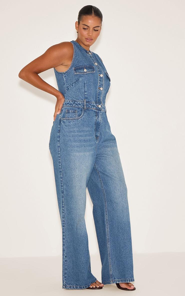 Pretty Little Thing Plus Mid Blue Wash Sleeveless Shirt Denim Jumpsuit