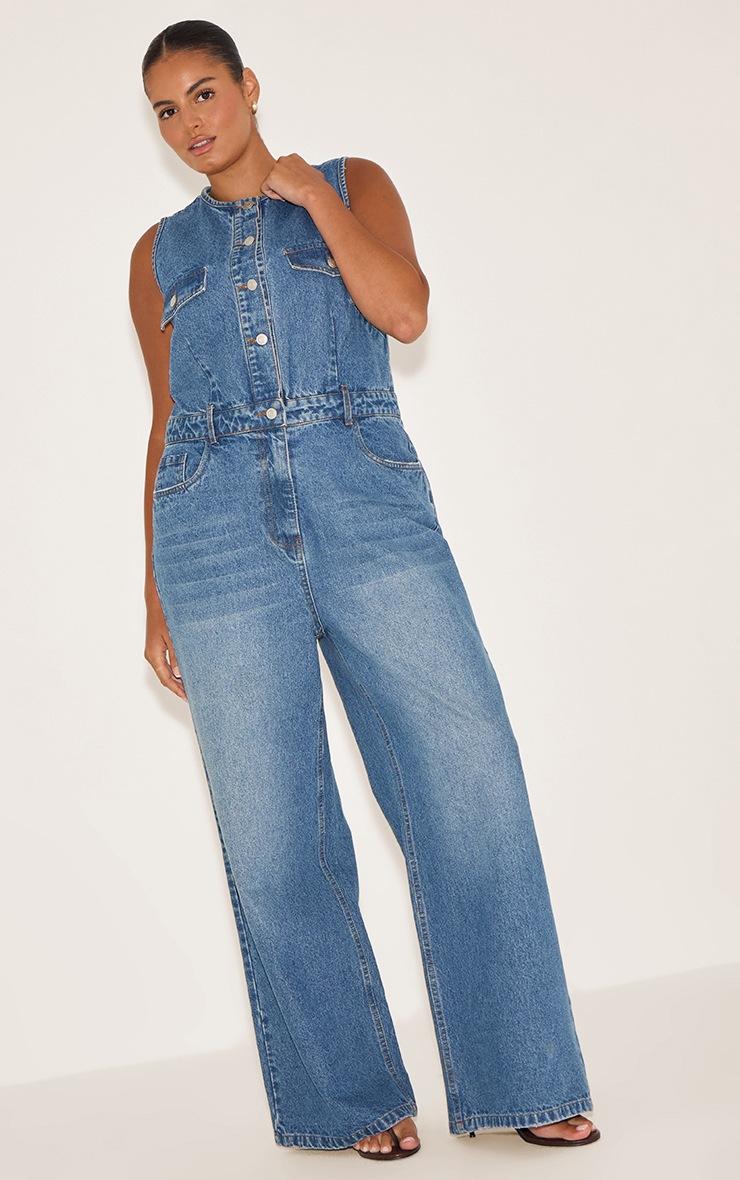 Pretty Little Thing Plus Mid Blue Wash Sleeveless Shirt Denim Jumpsuit