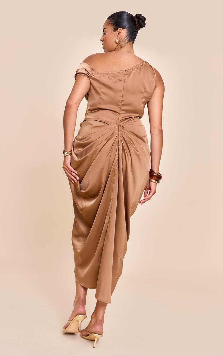 Pretty Little Thing Plus Mocha Satin Off The Shoulder Draped Skirt Midi Dress