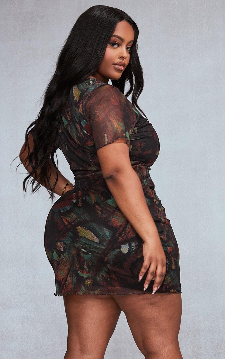 Pretty Little Thing Plus Multi Printed Lettuce Hem Mesh Top