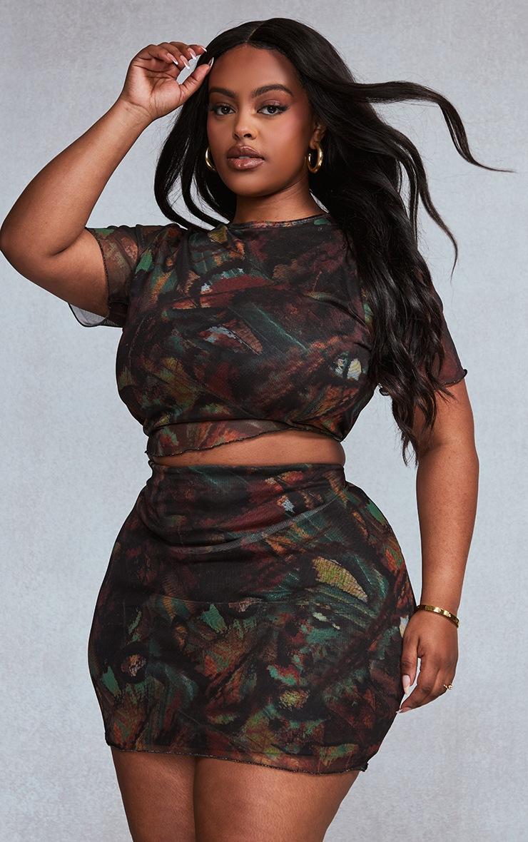 Pretty Little Thing Plus Multi Printed Lettuce Hem Mesh Top