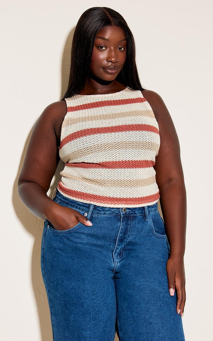 Pretty Little Thing Plus Multi Textured Striped Boat Neck Flute Sleeve Vest Top