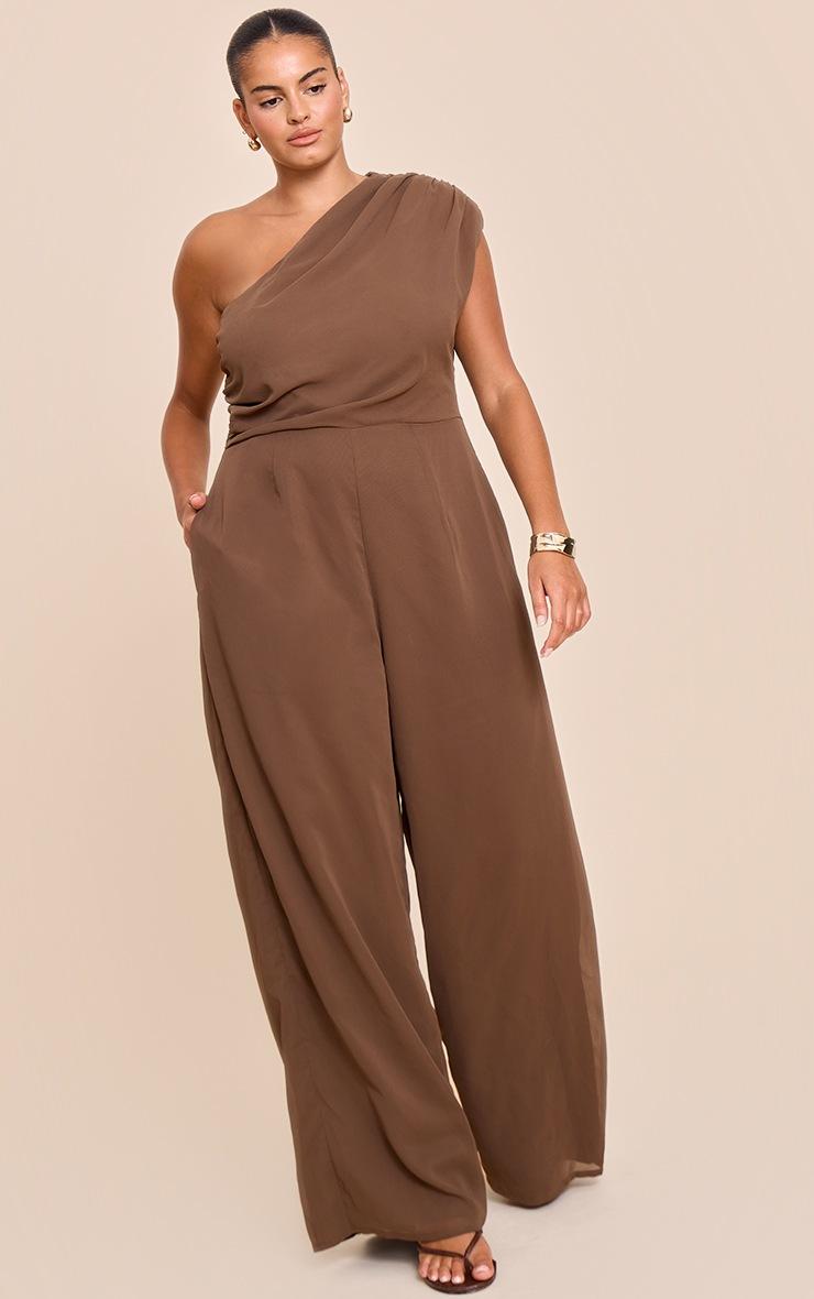 Pretty Little Thing Plus Mushroom Chiffon One Shoulder Ruched Jumpsuit