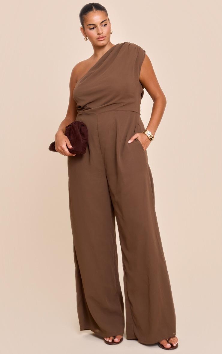 Pretty Little Thing Plus Mushroom Chiffon One Shoulder Ruched Jumpsuit