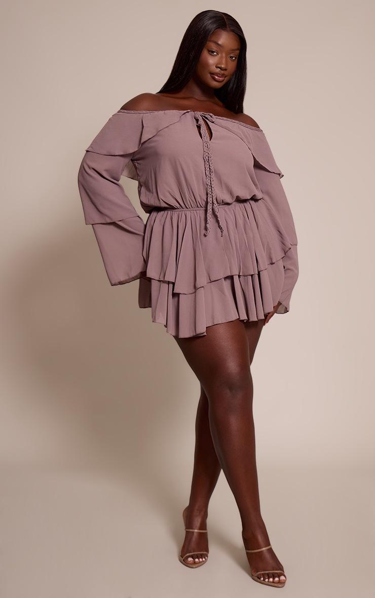 Pretty Little Thing Plus Mushroom Chiffon Ruffle Detail Long Sleeve Romper