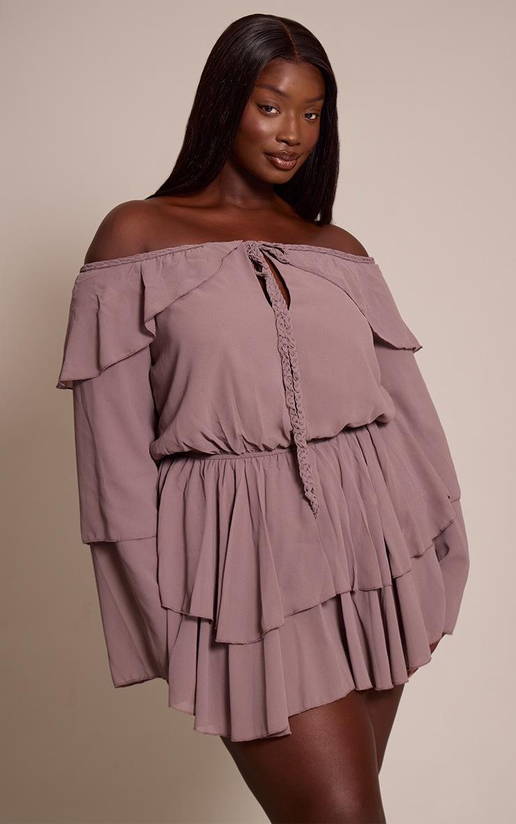 Pretty Little Thing Plus Mushroom Chiffon Ruffle Detail Long Sleeve Romper