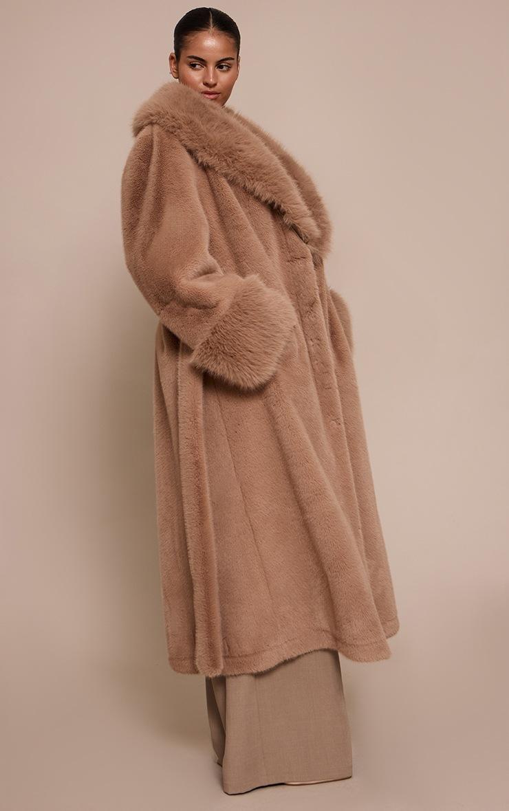 Pretty Little Thing Plus Mushroom Faux Fur Self Tie Oversized Coat
