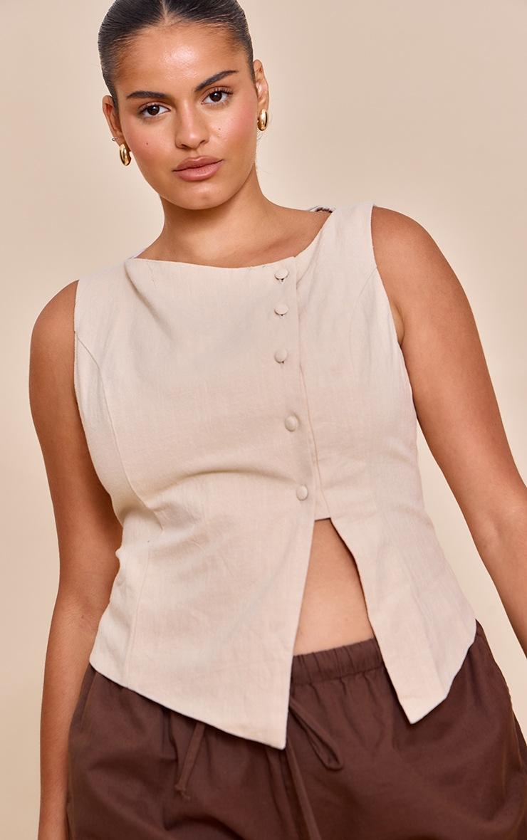 Pretty Little Thing Plus Natural Premium Linen Asymmetric Button Up Vest
