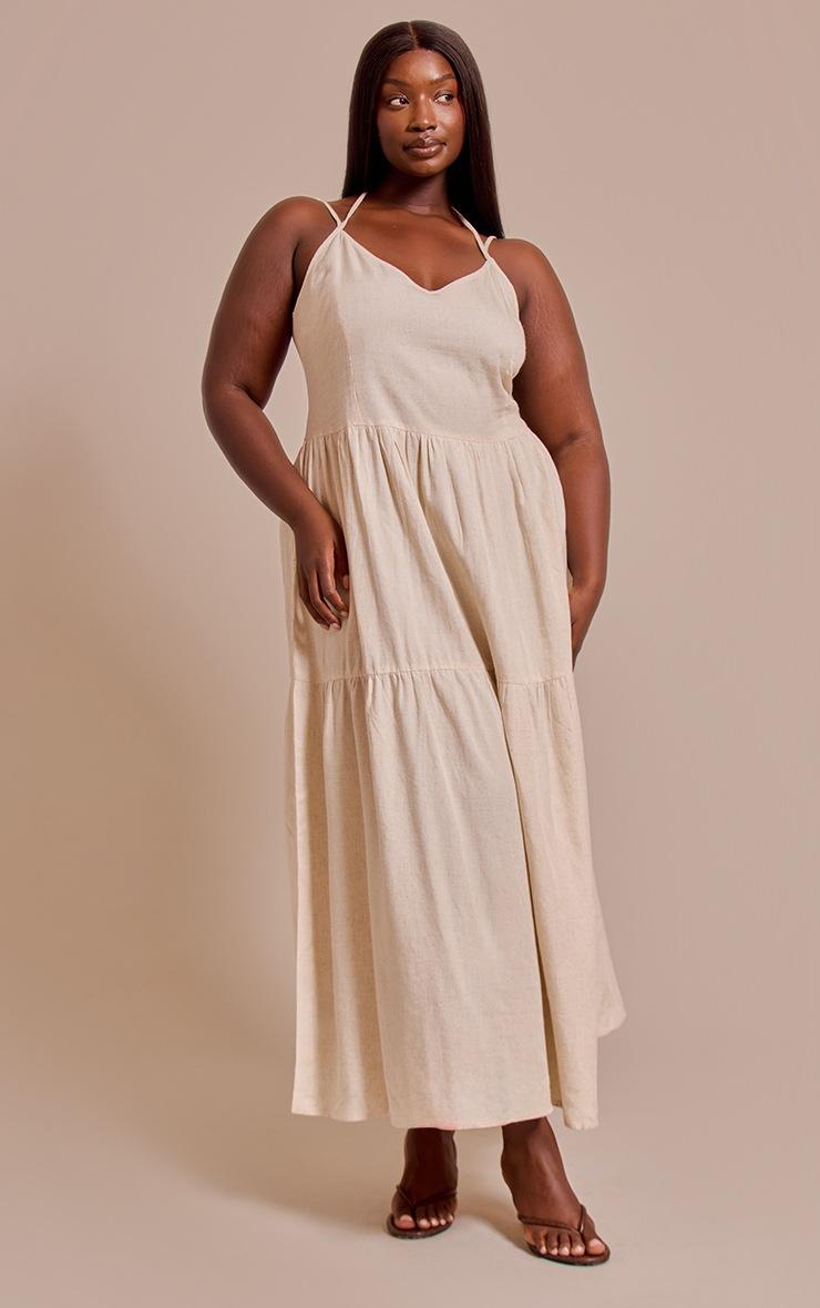 Pretty Little Thing Plus Natural Strappy Ruched Maxi Dress