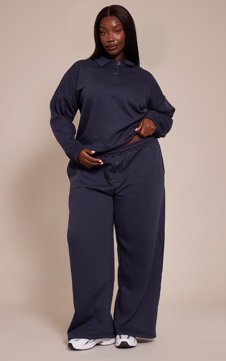 Pretty Little Thing Plus Navy Button Up Long Sleeve Polo Sweatshirt