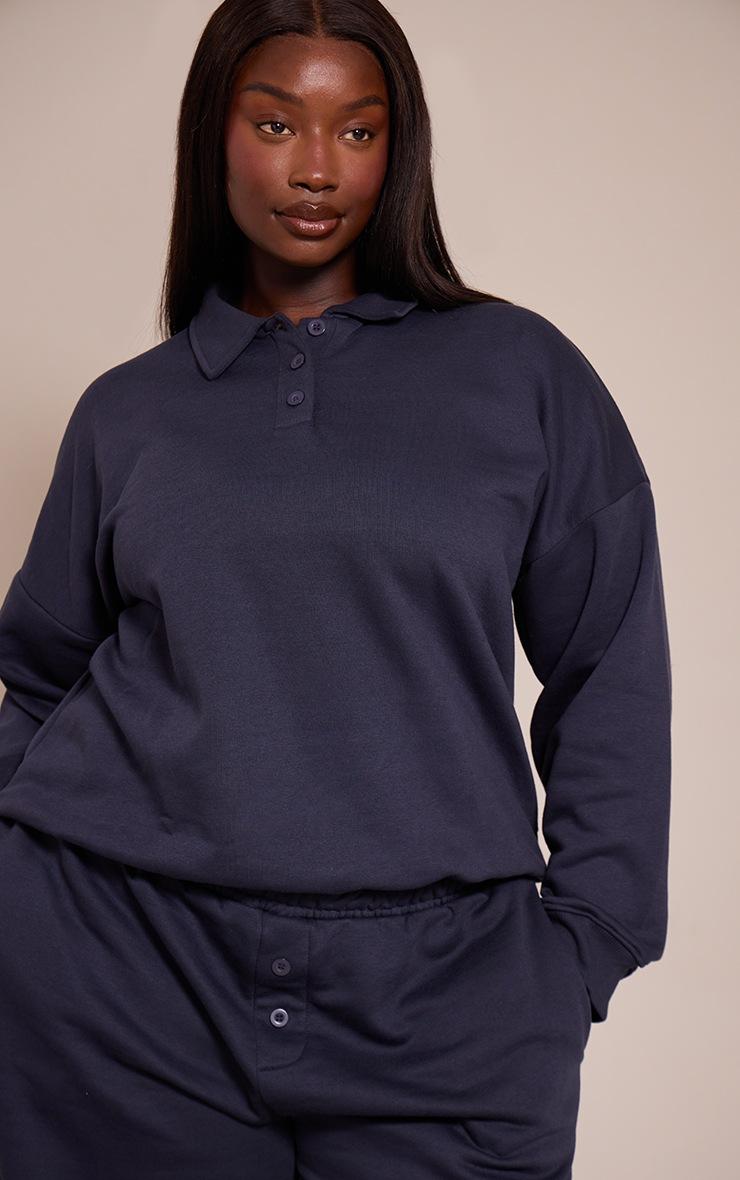 Pretty Little Thing Plus Navy Button Up Long Sleeve Polo Sweatshirt