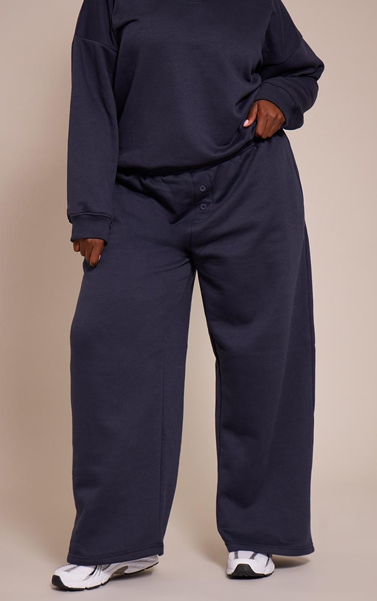 Pretty Little Thing Plus Navy Button Up Wide Leg Sweatpants