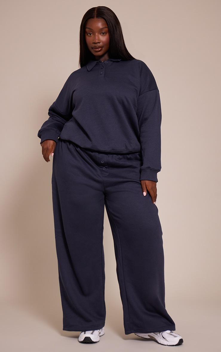 Pretty Little Thing Plus Navy Button Up Wide Leg Sweatpants