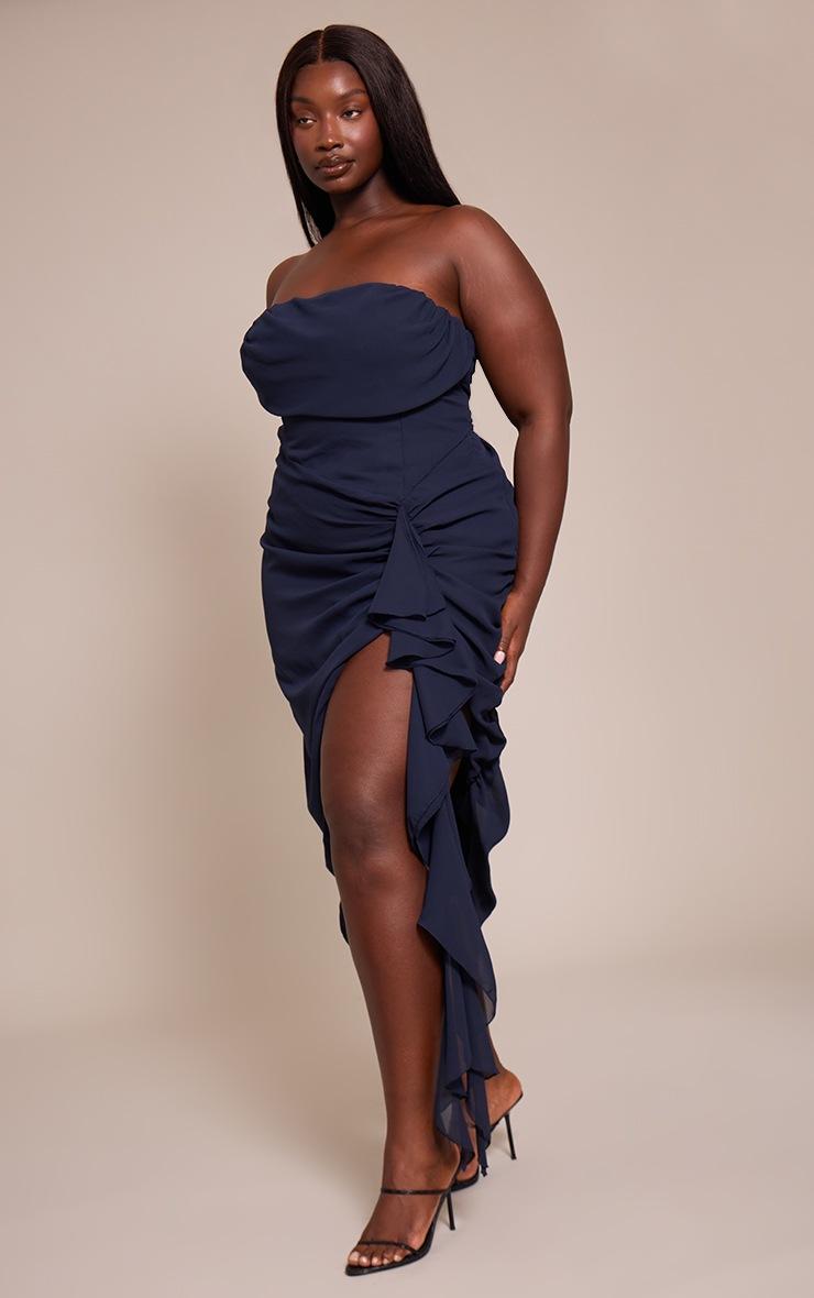 Pretty Little Thing Plus Navy Chiffon Ruched Detail Bandeau Midi Dress