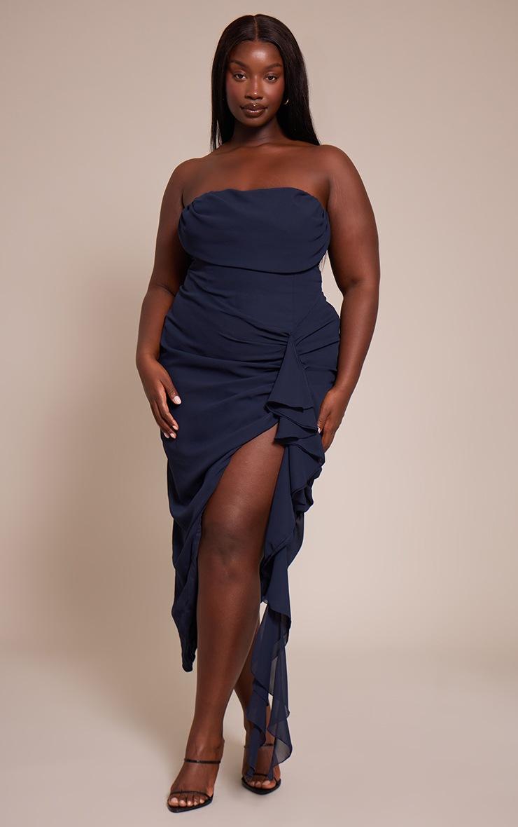 Pretty Little Thing Plus Navy Chiffon Ruched Detail Bandeau Midi Dress