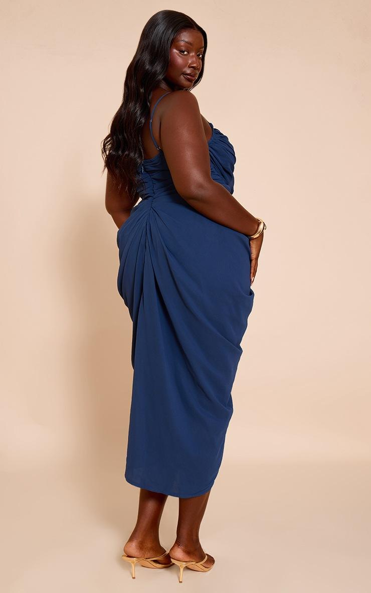 Pretty Little Thing Plus Navy Chiffon Ruched Drape Midi Dress