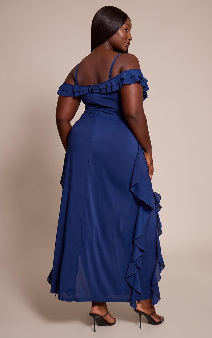 Pretty Little Thing Plus Navy Cold Shoulder Ruffle Detail Strappy Maxi Dress