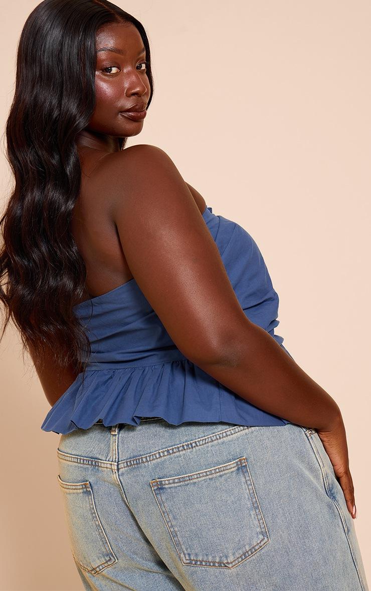Pretty Little Thing Plus Navy Cotton Bandeau Peplum Frill Top