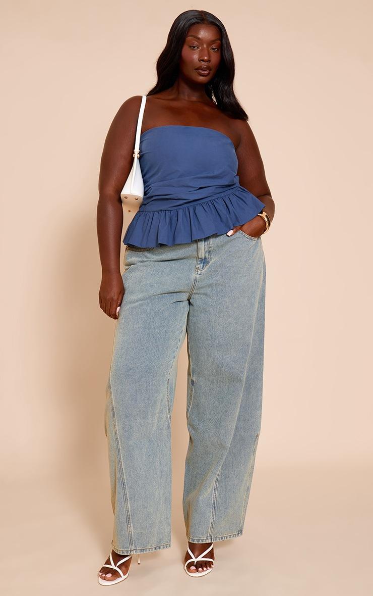 Pretty Little Thing Plus Navy Cotton Bandeau Peplum Frill Top