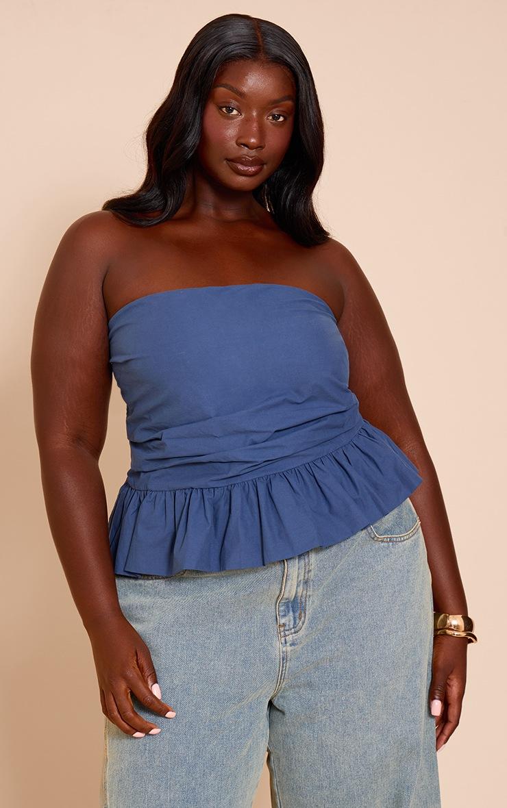 Pretty Little Thing Plus Navy Cotton Bandeau Peplum Frill Top