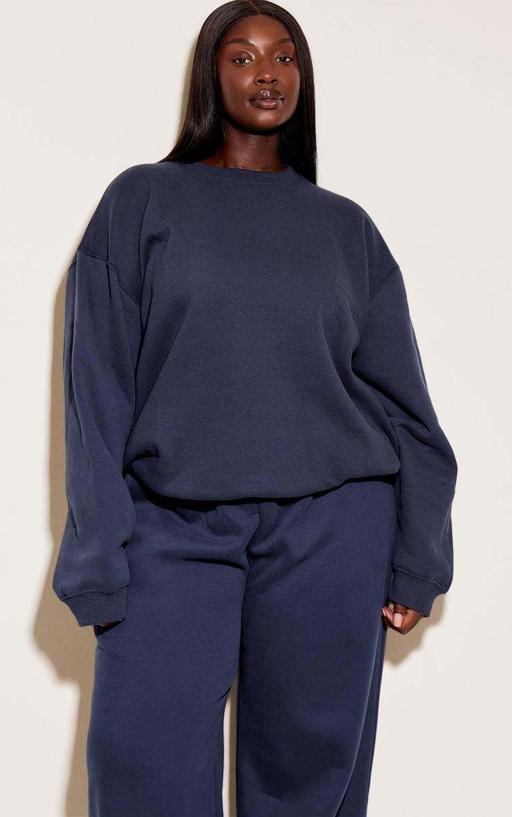 Pretty Little Thing Plus Navy Oversized Crew Sweatshirt