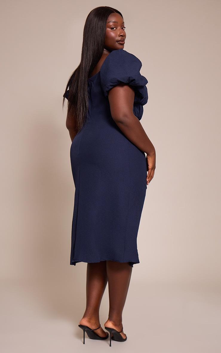 Pretty Little Thing Plus Navy Puff Sleeve Ruched Split Side Midi Dress