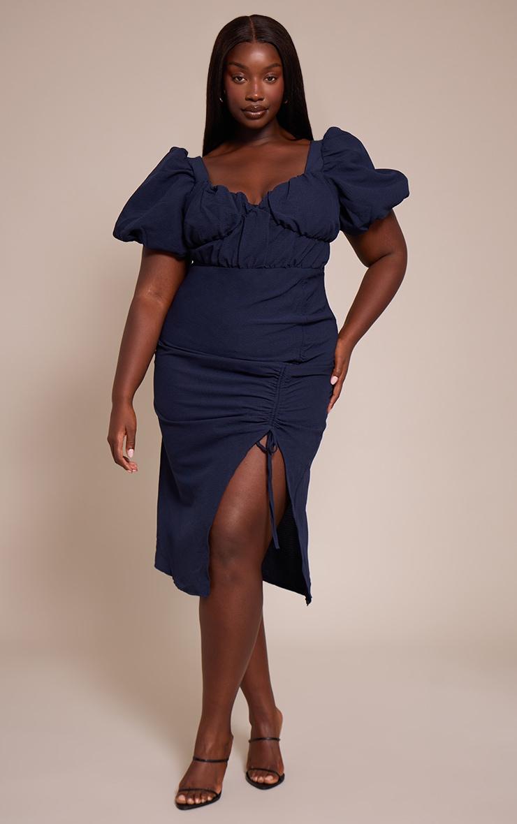 Pretty Little Thing Plus Navy Puff Sleeve Ruched Split Side Midi Dress