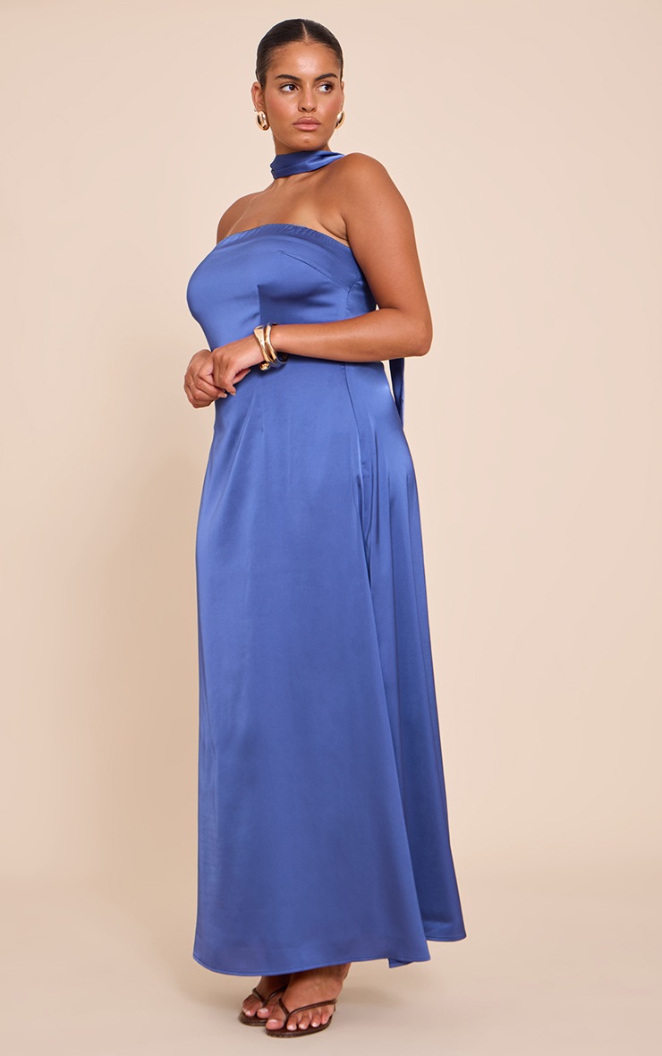 Pretty Little Thing Plus Navy Satin Bandeau Scarf Detail Maxi Dress