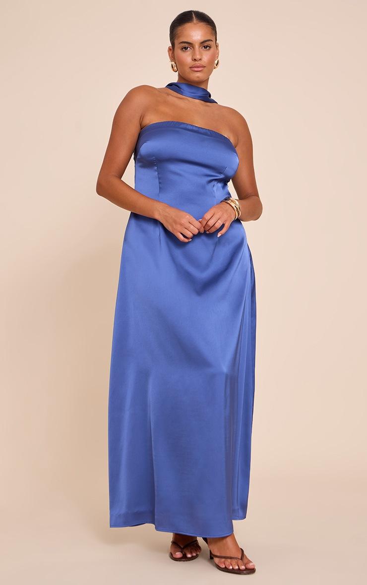 Pretty Little Thing Plus Navy Satin Bandeau Scarf Detail Maxi Dress