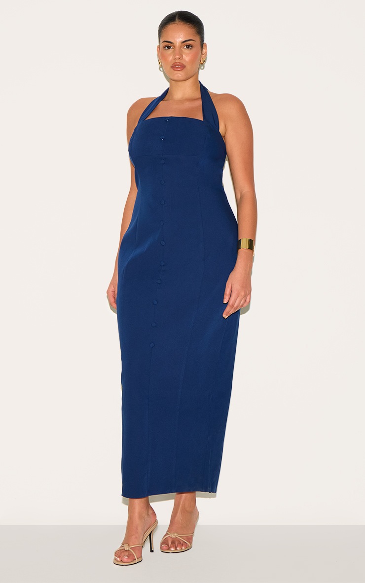Pretty Little Thing Plus Navy Woven Halter Button Maxi Dress