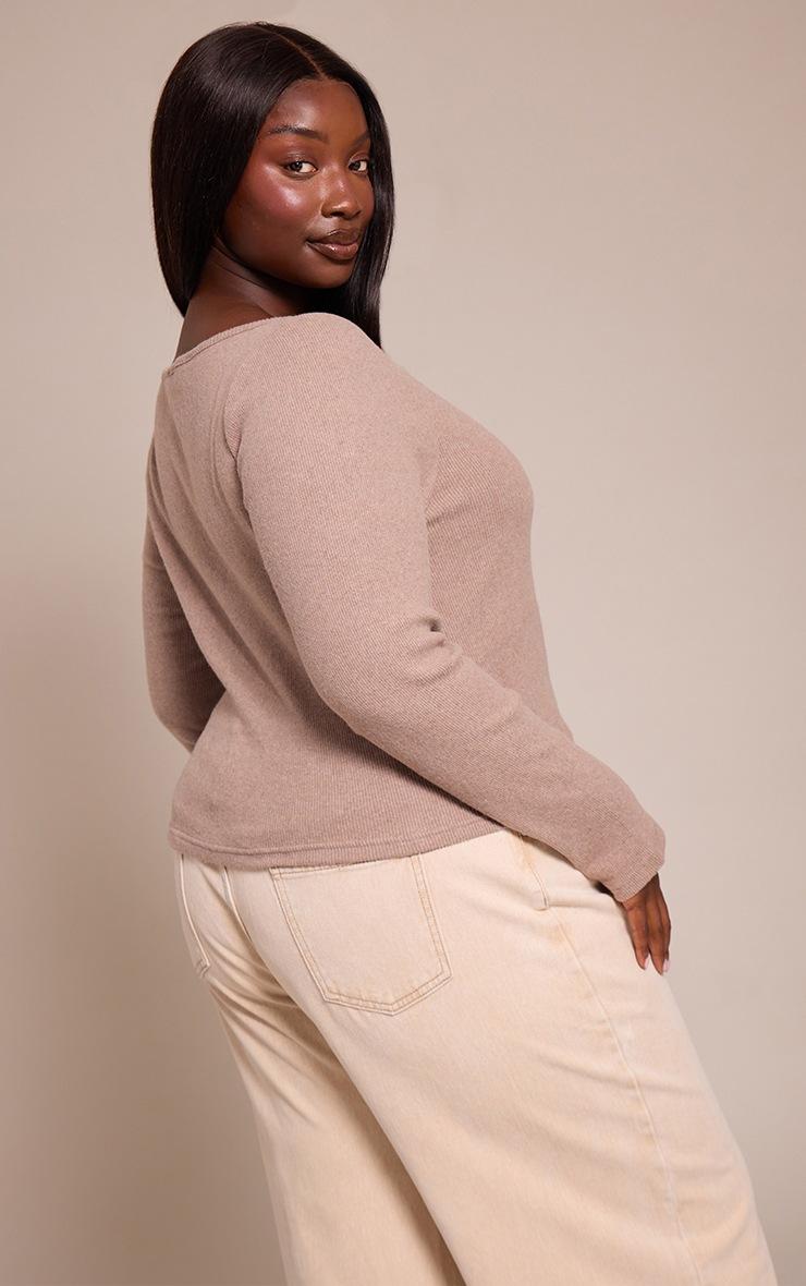 Pretty Little Thing Plus Oatmeal Soft Touch Rib Boat Neck Long Sleeve Top