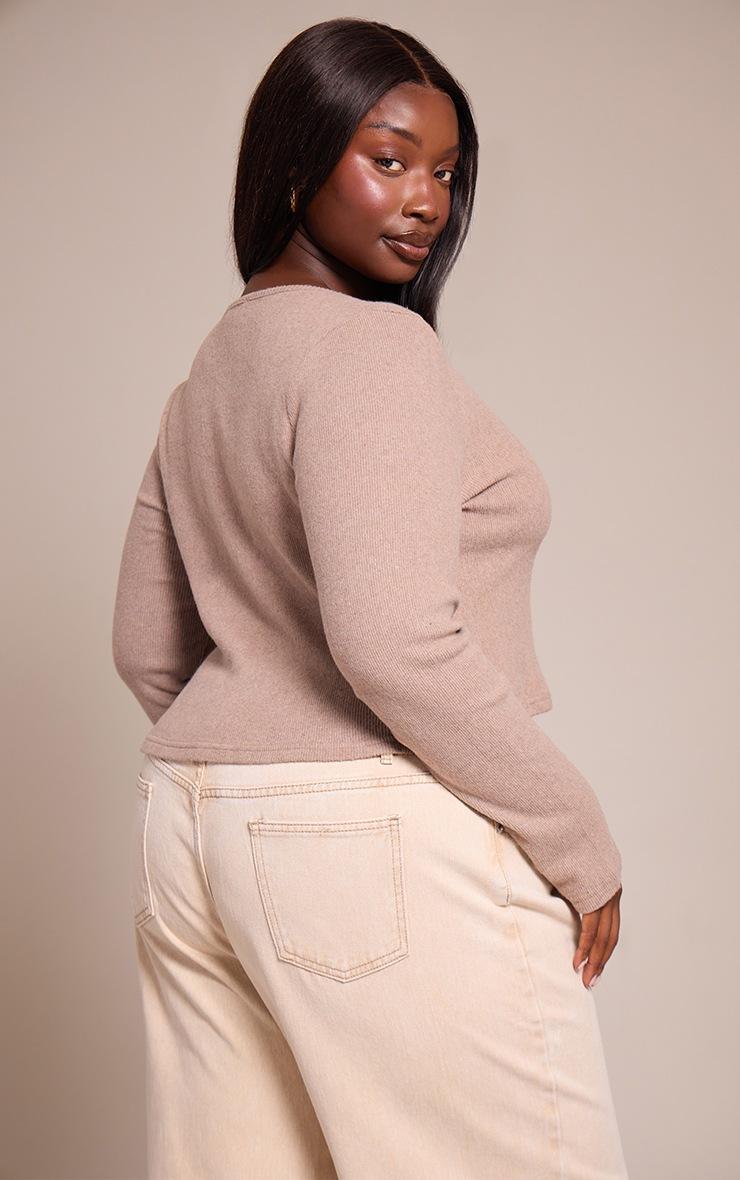 Pretty Little Thing Plus Oatmeal Soft Touch Rib Round Neck Long Sleeve Top