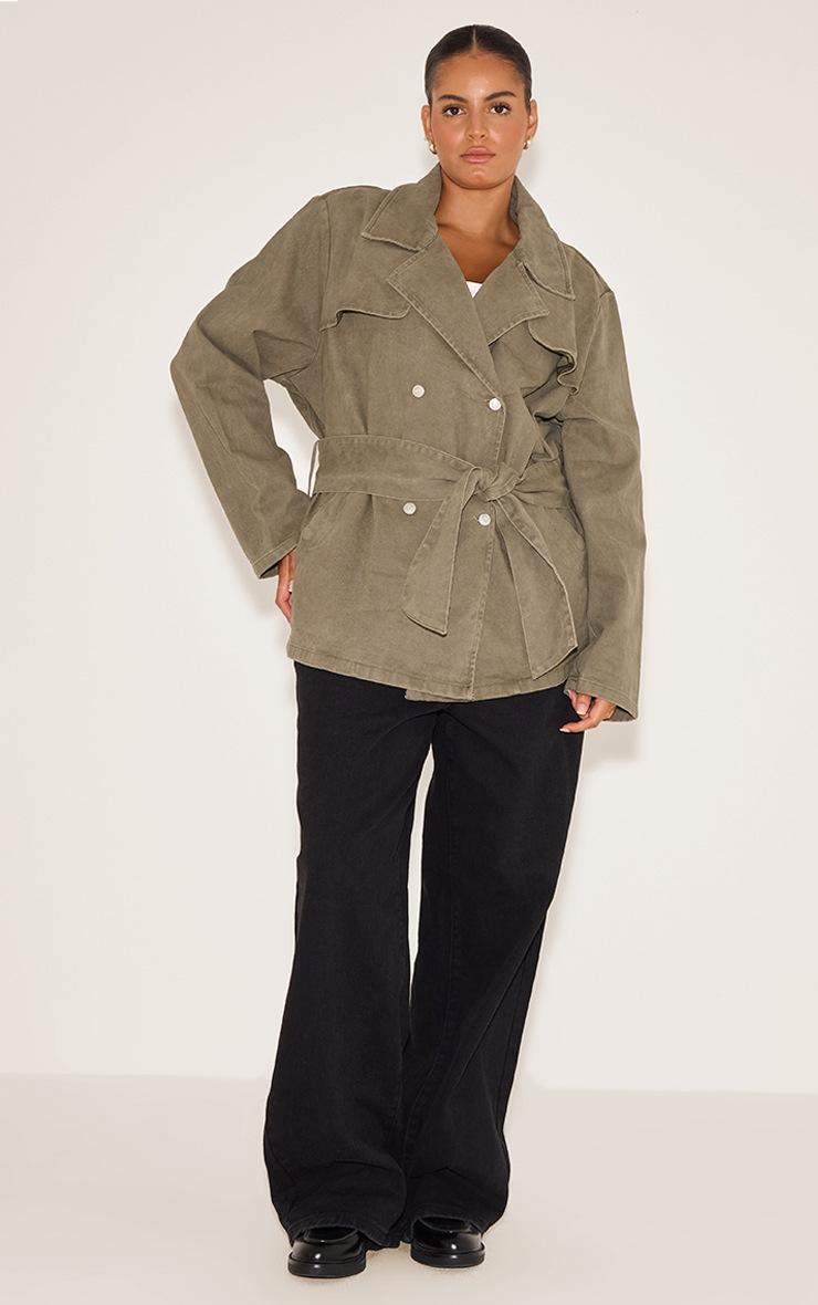 Pretty Little Thing Plus Olive Cropped Belted Denim Trench