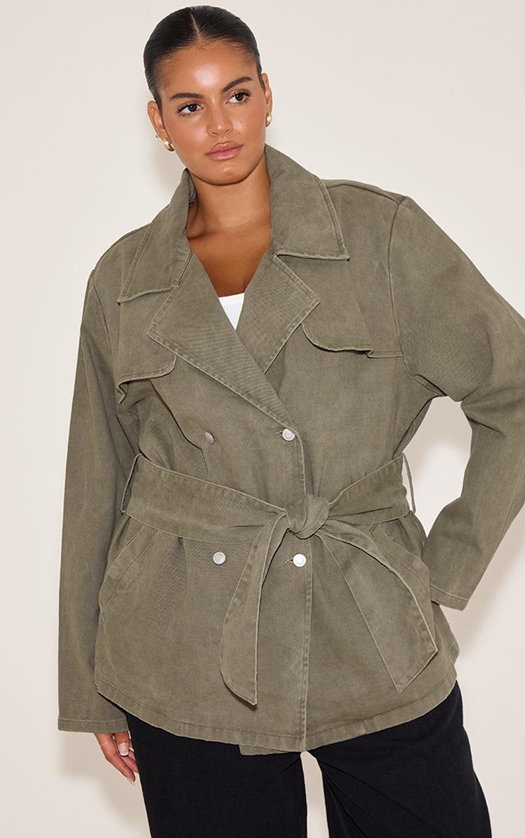 Pretty Little Thing Plus Olive Cropped Belted Denim Trench