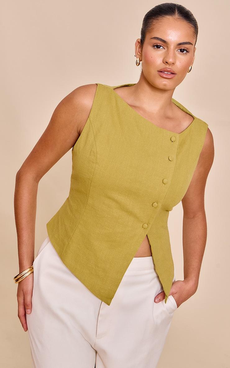 Pretty Little Thing Plus Olive Premium Linen Asymmetric Button Up Vest