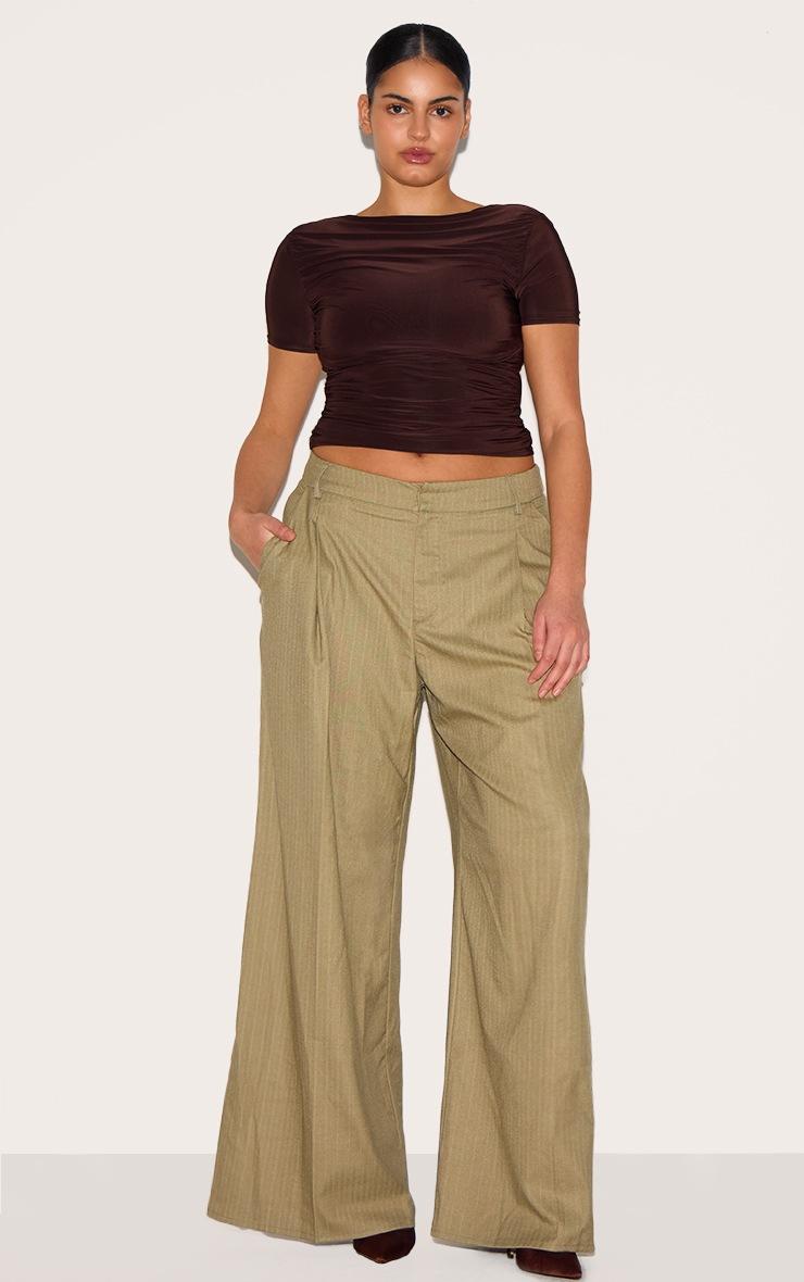 Pretty Little Thing Plus Olive Premium Woven Pinstripe Tailored Straight Leg Pants