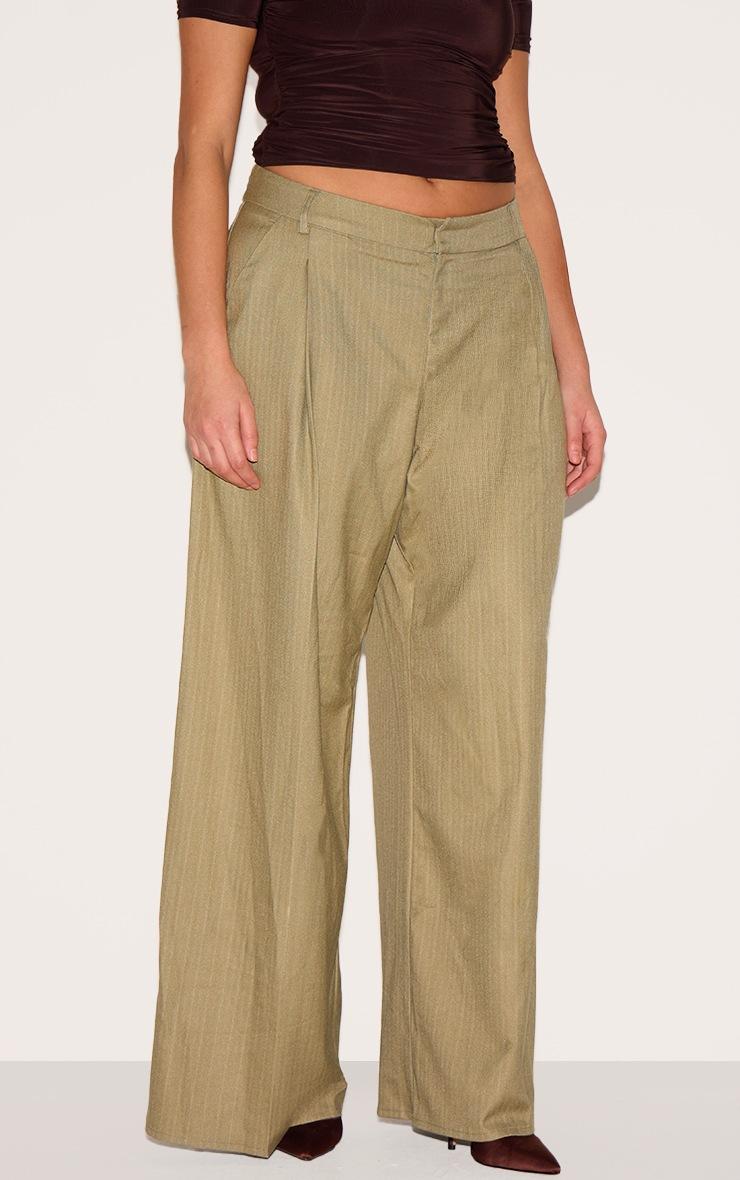 Pretty Little Thing Plus Olive Premium Woven Pinstripe Tailored Straight Leg Pants