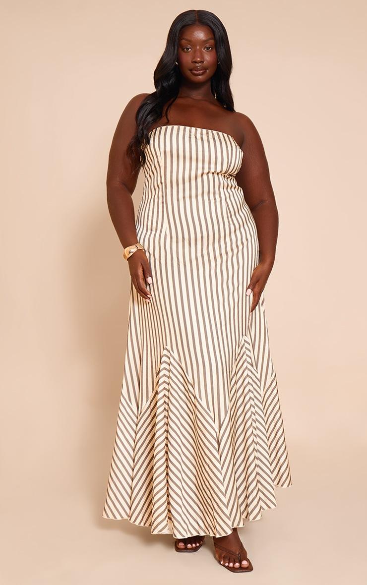 Pretty Little Thing Plus Olive Satin Bandeau Stripe Maxi Dress