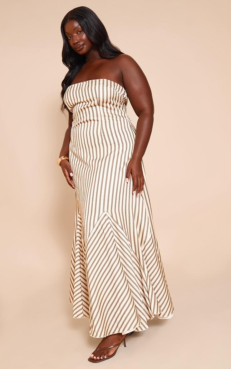 Pretty Little Thing Plus Olive Satin Bandeau Stripe Maxi Dress