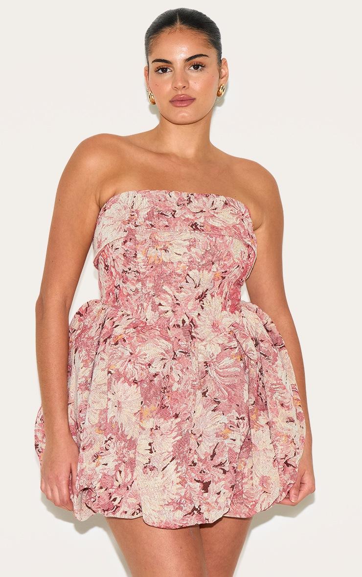 Pretty Little Thing Plus Pink Floral Tapestry Bandeau Extreme Puffball Dress
