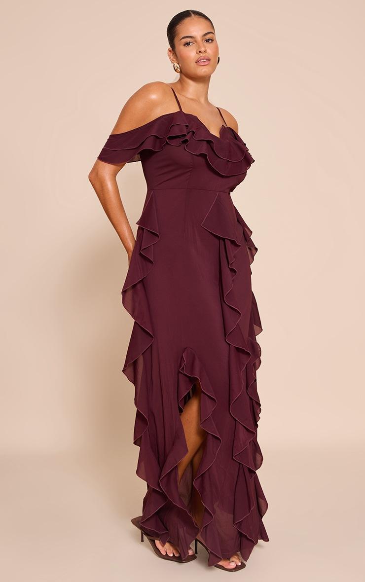 Pretty Little Thing Plus Plum Cold Shoulder Ruffle Detail Strappy Maxi Dress