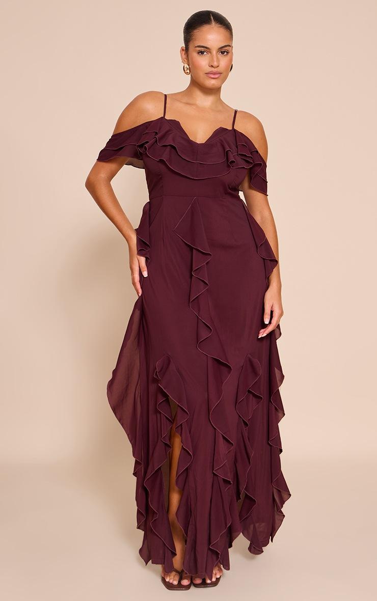 Pretty Little Thing Plus Plum Cold Shoulder Ruffle Detail Strappy Maxi Dress