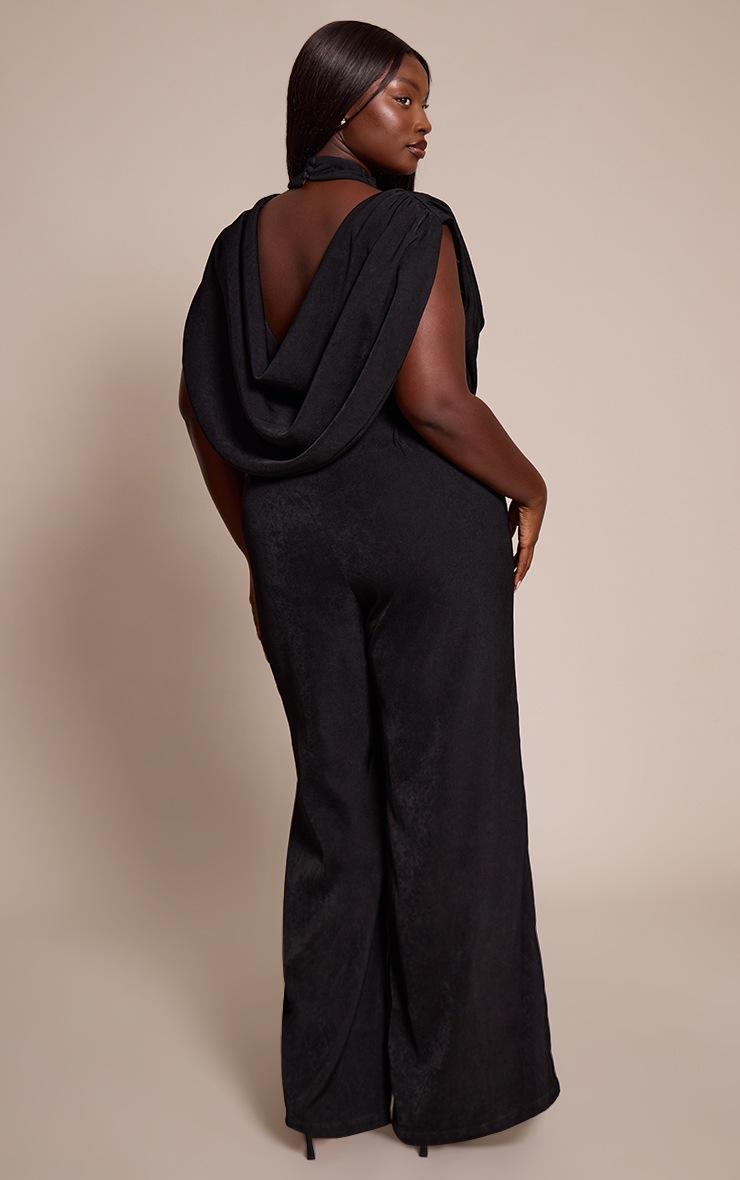 Pretty Little Thing Plus Premium Black Woven Asymmetric Cowl Drape Back Jumpsuit
