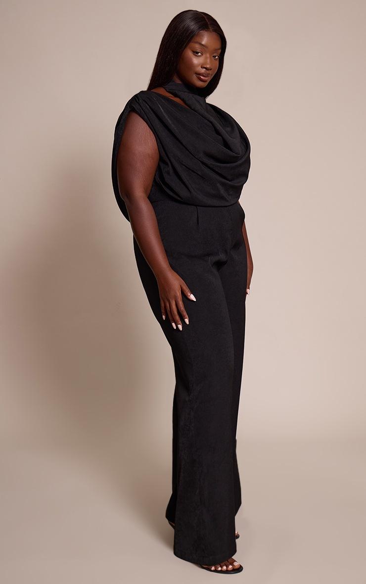 Pretty Little Thing Plus Premium Black Woven Asymmetric Cowl Drape Back Jumpsuit