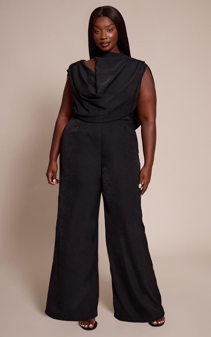 Pretty Little Thing Plus Premium Black Woven Asymmetric Cowl Drape Back Jumpsuit