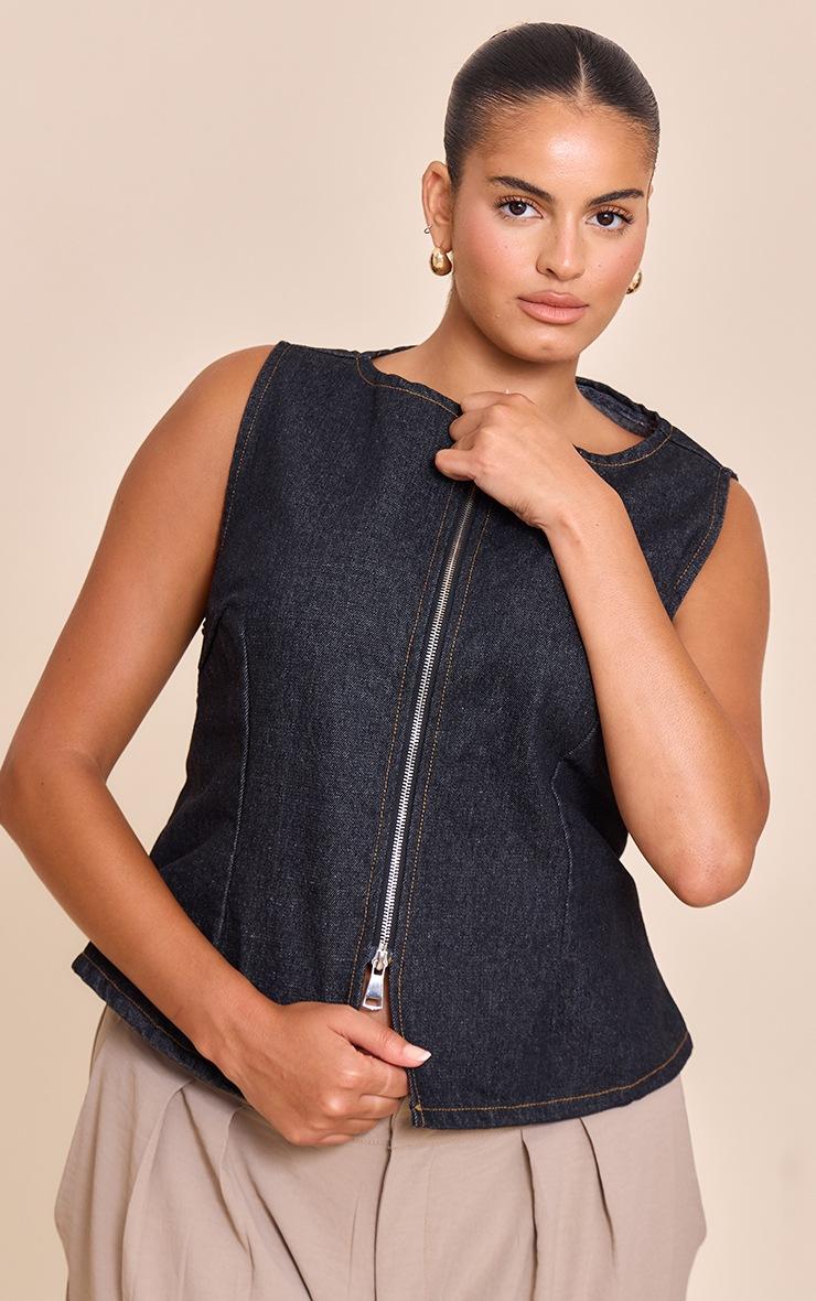 Pretty Little Thing Plus Raw Indigo Wash Zip Detail Sleeveless Denim Top