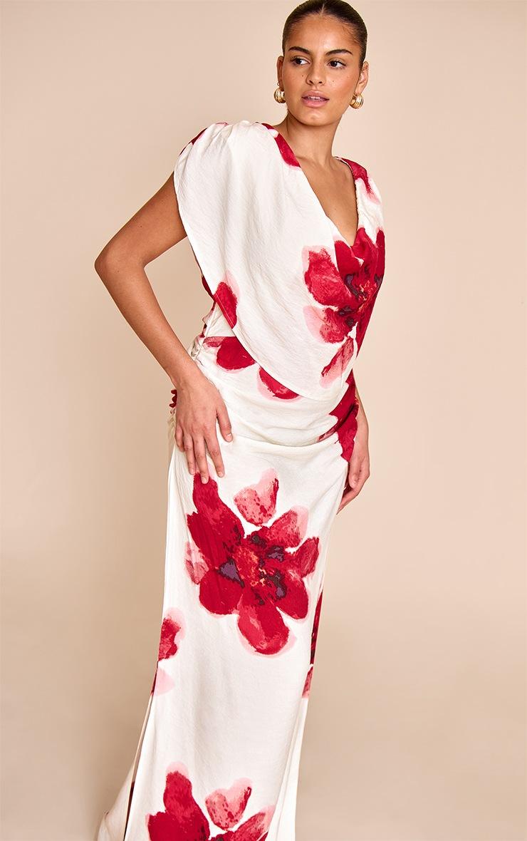 Pretty Little Thing Plus Red Printed Extreme Cowl Ruched Detail Maxi Dress