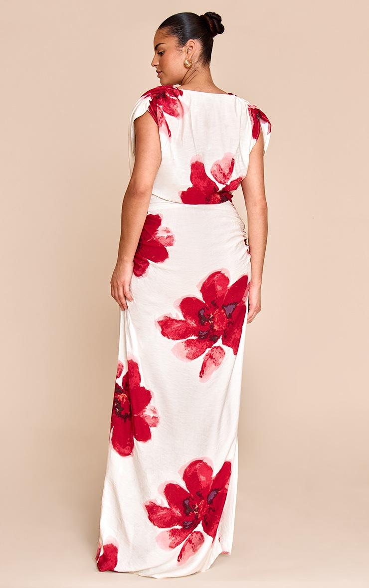 Pretty Little Thing Plus Red Printed Extreme Cowl Ruched Detail Maxi Dress